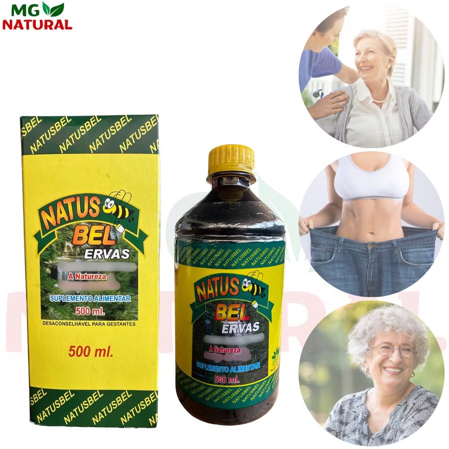 Tônico Natusbel Ervas 500 mL ao lado de fotos de senhoras idosas sorrindo