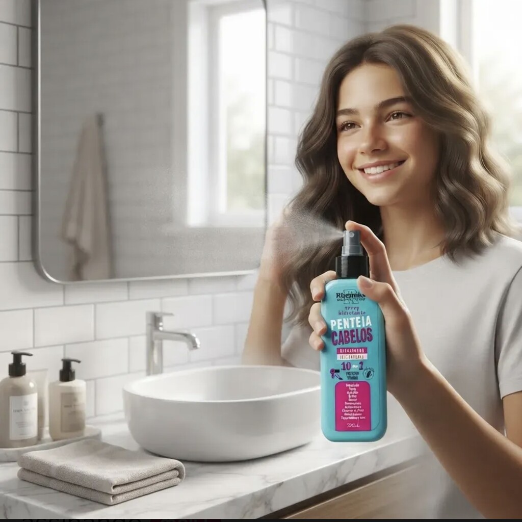 Menina aplicando o Spray Pentear 10 em 1 no cabelo