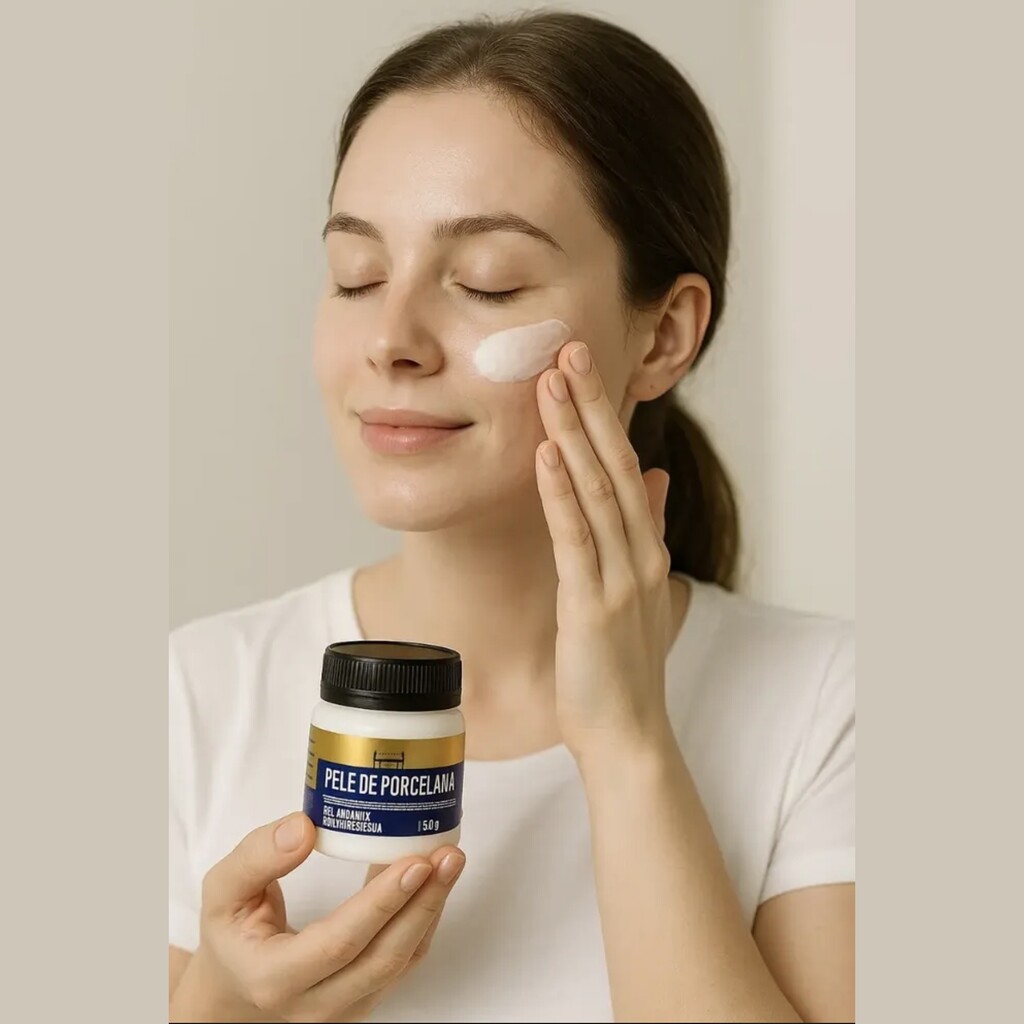 Mulher aplicando o Creme Pele de Porcelana no rosto
